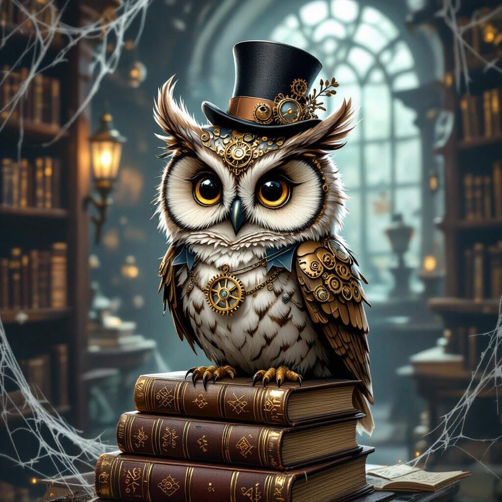 Steampunk Owl on Books in Dim Library