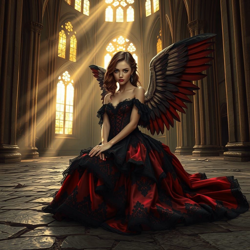 Gothic Goddess in Elegant Black and Crimson Dress with Velve...