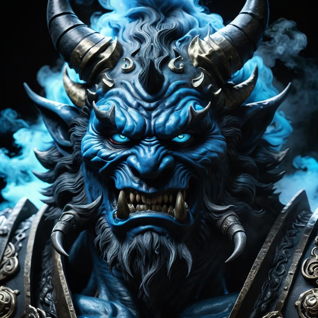 Powerful Fuming Blue Oni Demon in Ultra-Realism