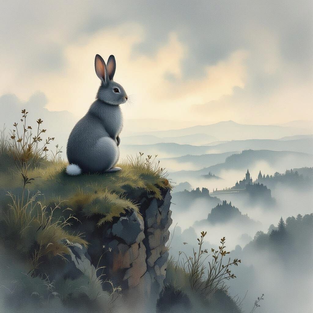 Rabbit King Overlooks Battlefield as Watercolor Painting