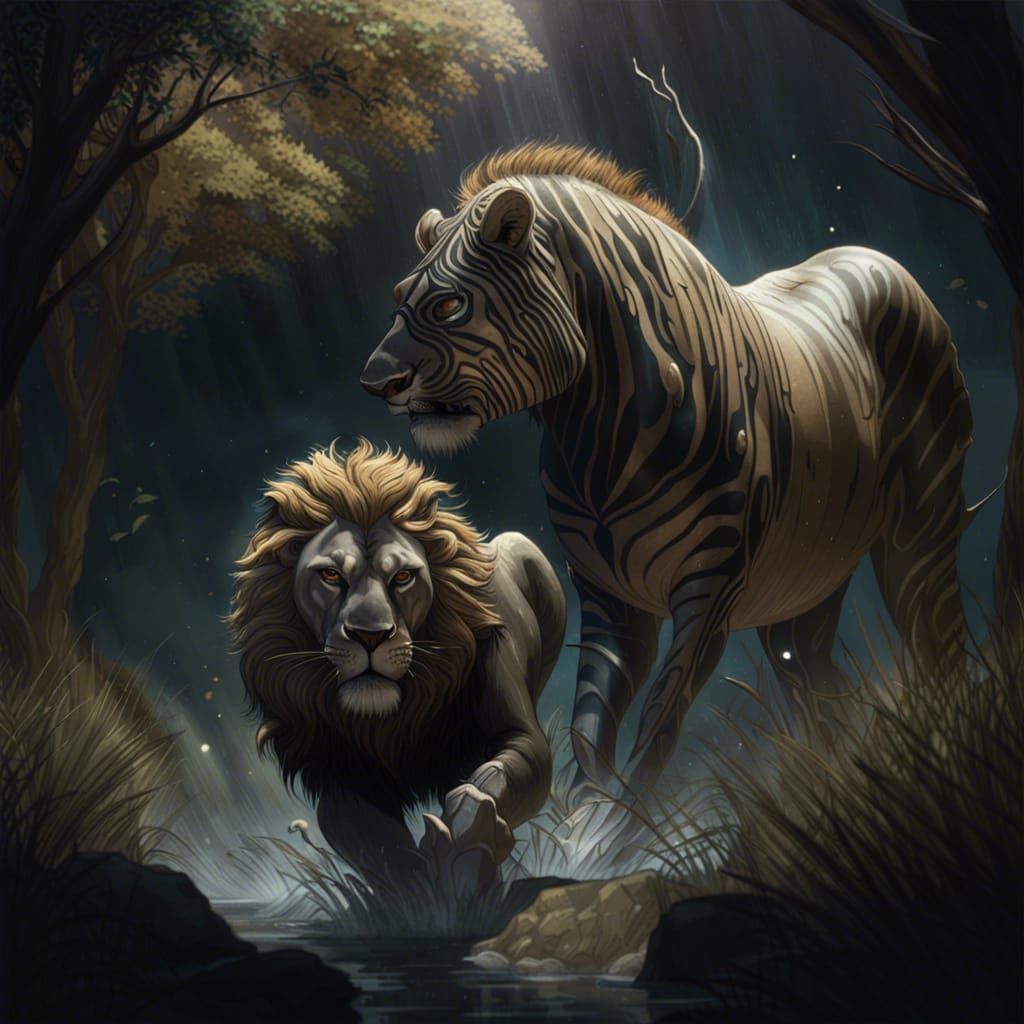 Zebra Attacks Lion in Rainy Savanna: Dark Fantasy