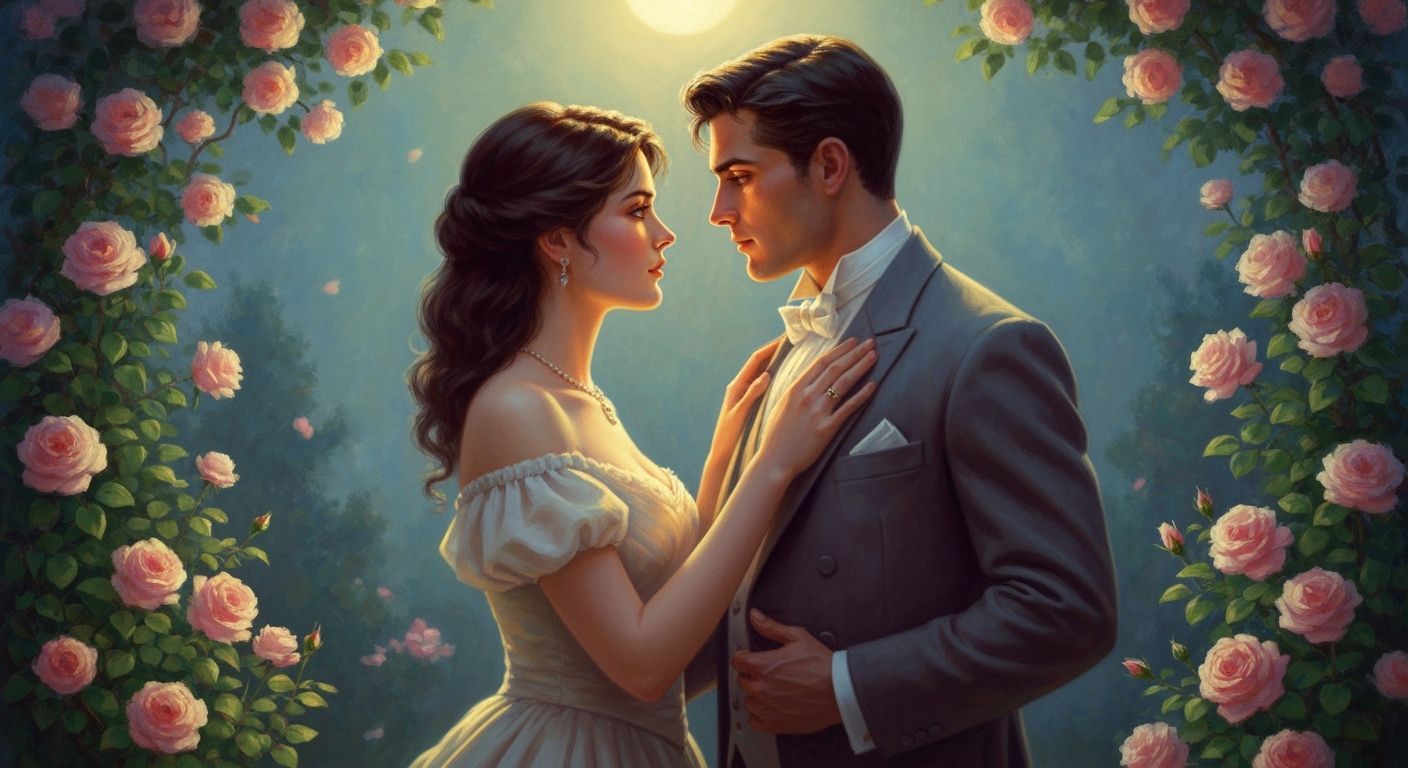 Romantic Couple in Moonlit Garden Oil Painting