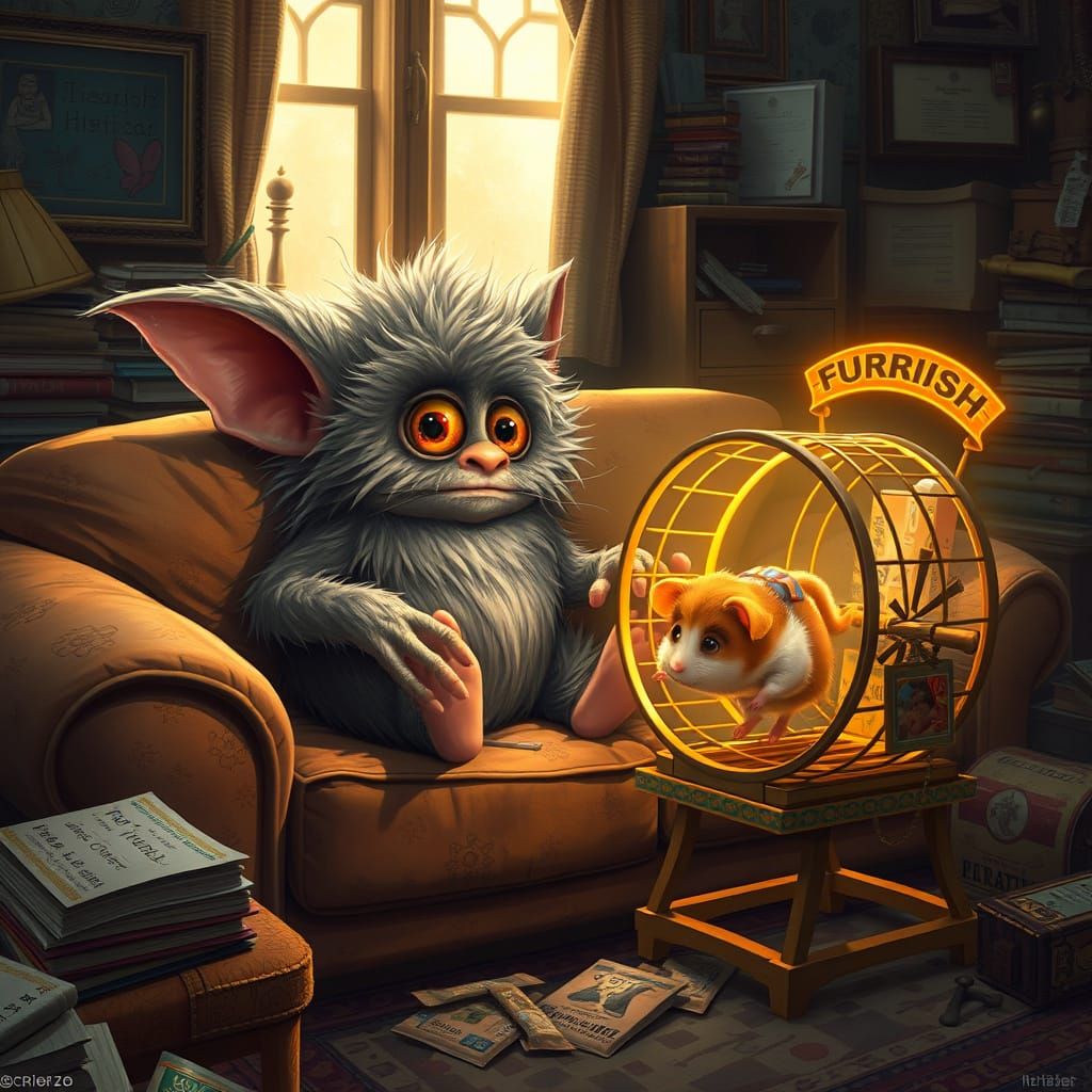 Furby Gremlin Watches Humanoid Pet in Cozy Hamster Wheel