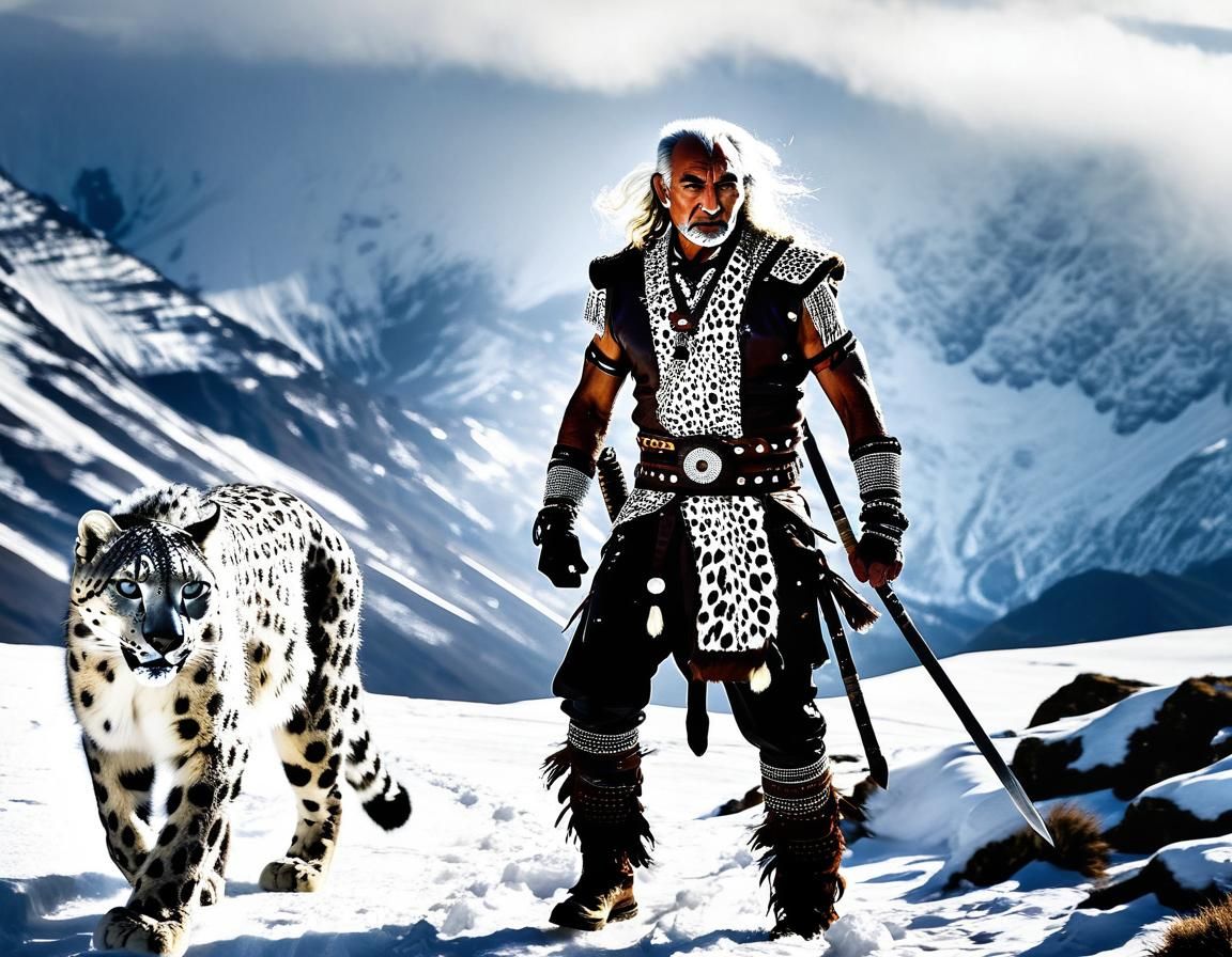 Warrior Leads Snow Leopard in Fantasy Tech Style