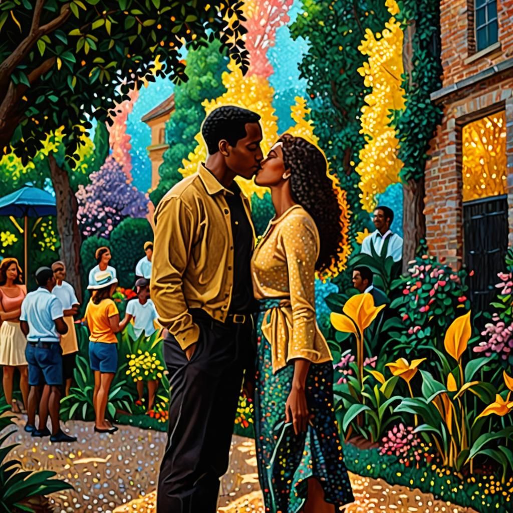 Serene Garden Kiss in Pointillism Style