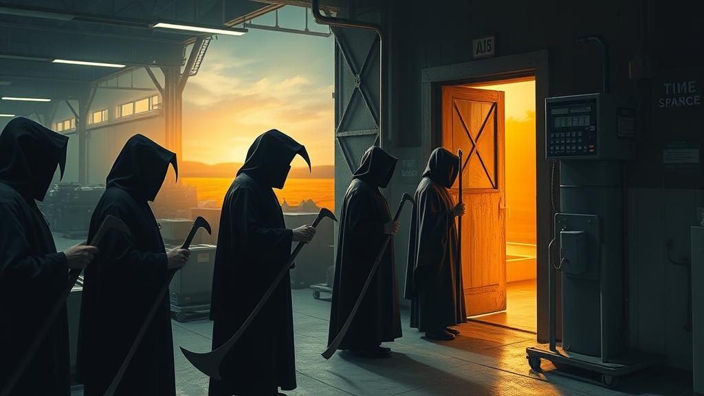 Grim Reapers Clocking In: A Surreal Factory Scene
