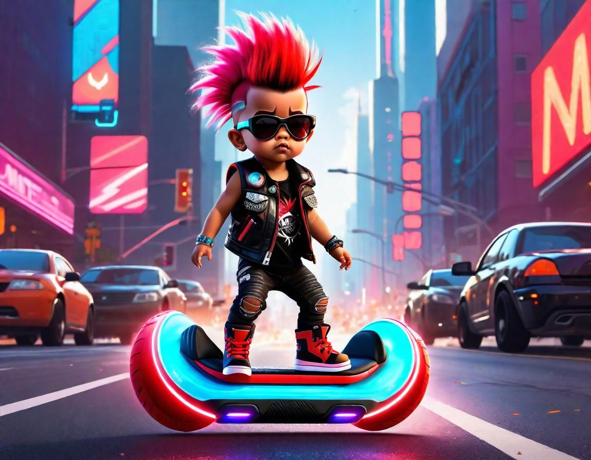 Punk Toddler on Hoverboard in Hyperrealistic Style
