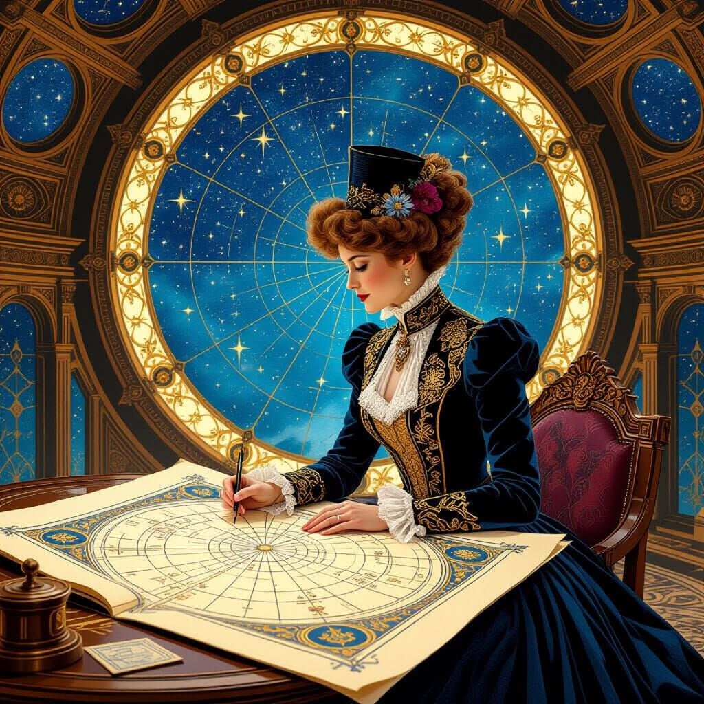 Celestial Cartographer Mapping Stars in Ornate Observatory