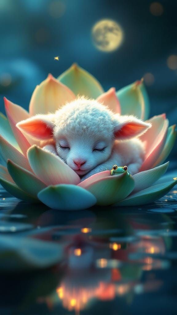 Sleeping Lamb in Lotus Flower: Hyperrealistic Splash Art