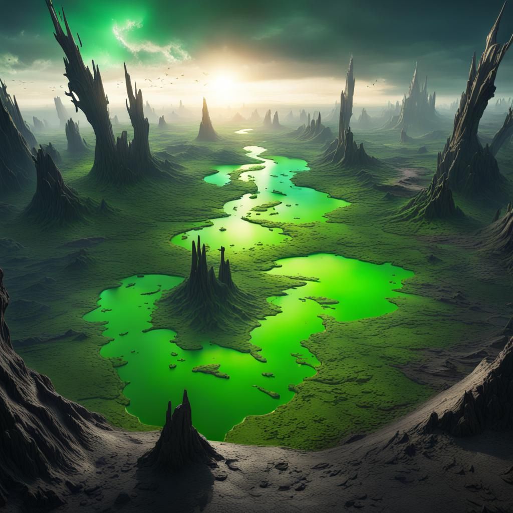 Green World Underneath Cracked Landscape: Digital Matte Pain...