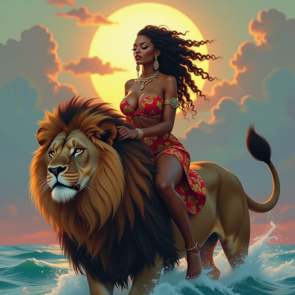 African Woman Rides Rasta Lion in Surreal Fantasy Art
