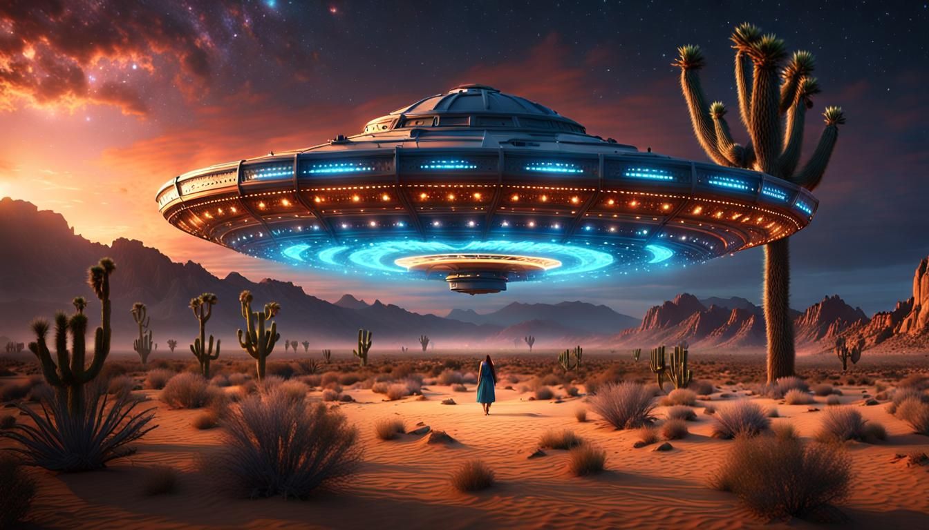 spinning "Flying Saucer" moving across the Joshua Tree Desert at night and beaming up a beautiful female.