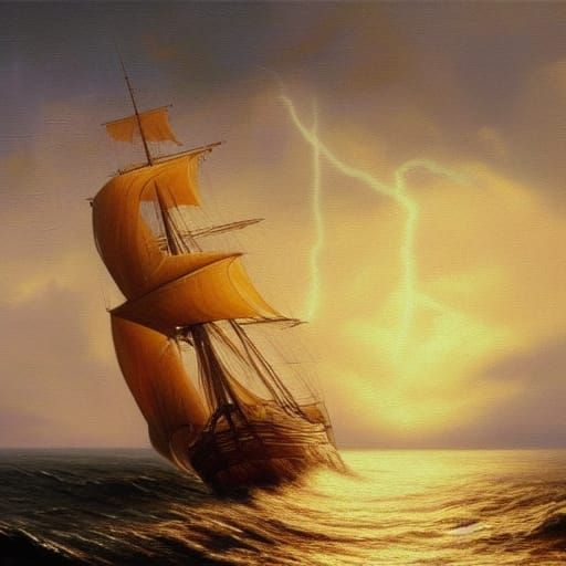 Golden Sunset Sail Ship Impressionism Oil Painting