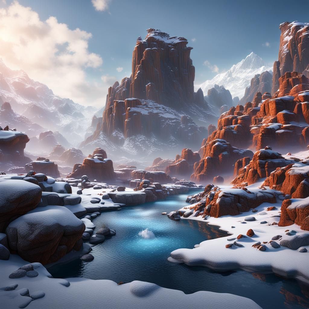 Steaming Hot Pools Among Snowy Rocks