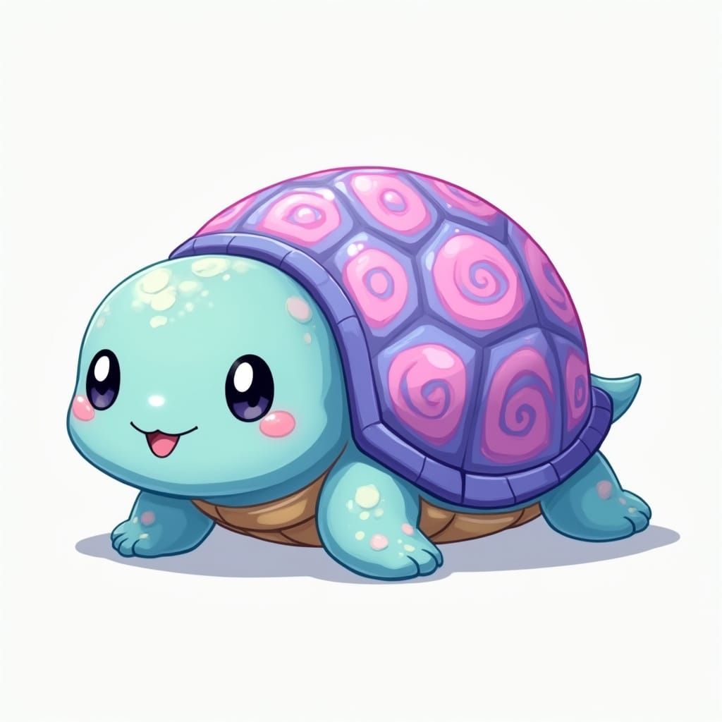 Stylized Anime Turtle with Pastel Pink Swirls and Vibrant Pu...