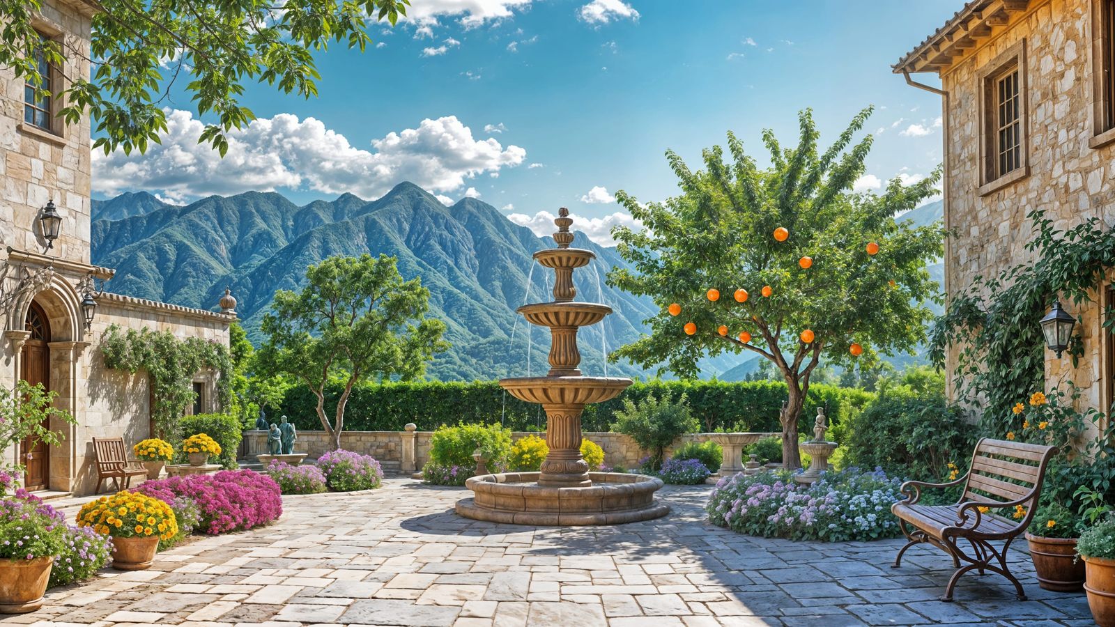 Picturesque Courtyard with Stone Fountain and Mountain View