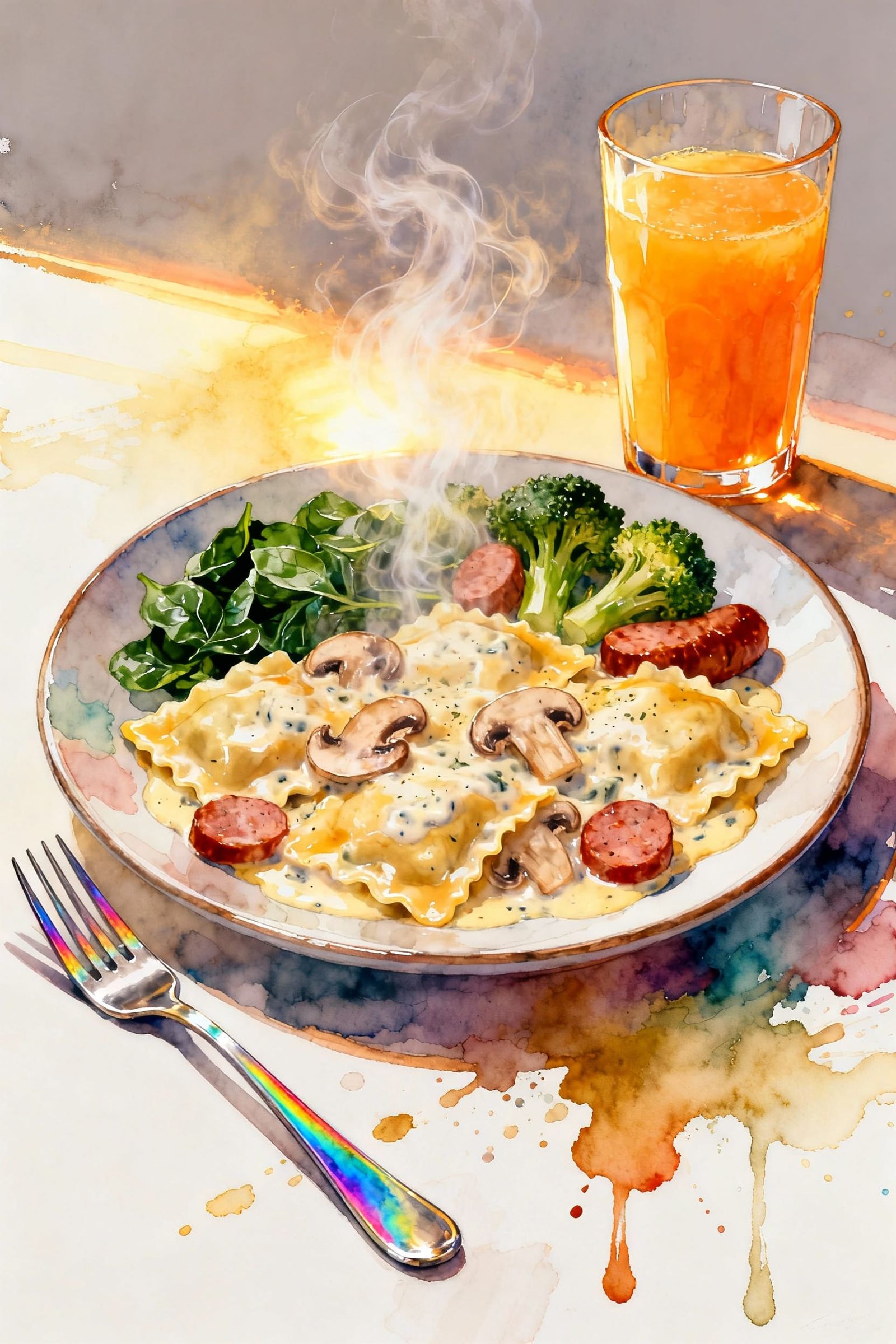 Steaming Ravioli with Alfredo Sauce and Orange Juice, Whimsi...