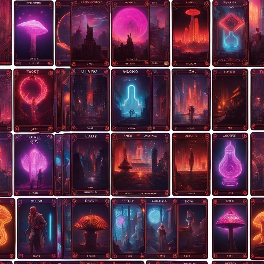 Mystical Fiery Tarot Cards in Cyberpunk Style