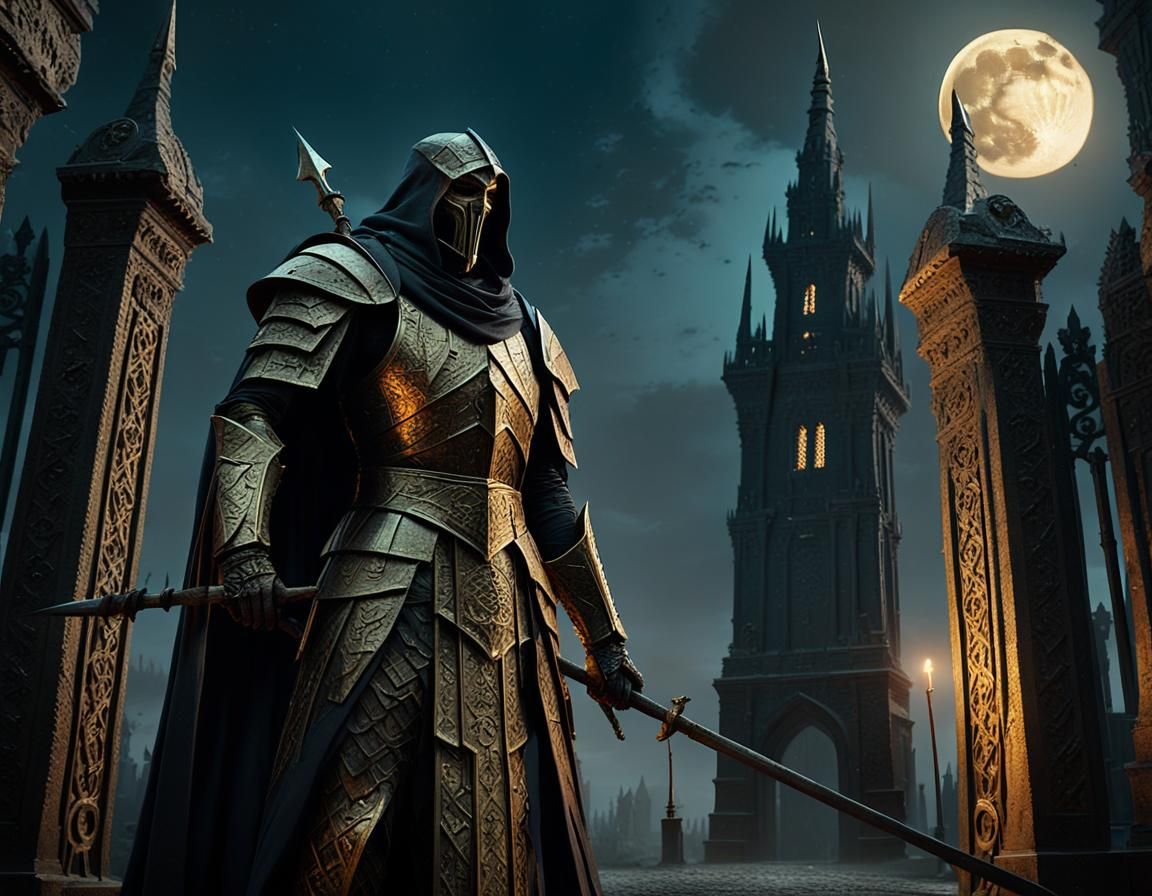 Cloaked Sentinel Guarding Ancient City Gates