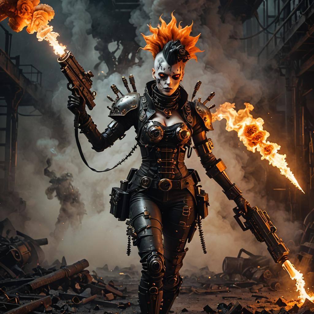 Steampunk Cyborg Woman on Flames with Rifle