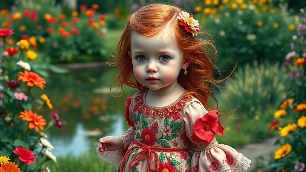 Child in Vibrant Garden, Hyperrealistic Digital Art