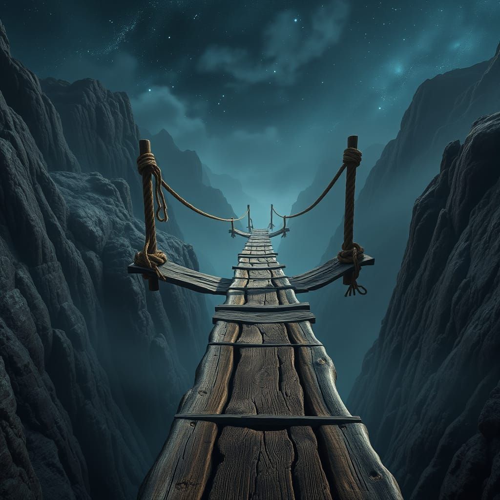 Dramatic Rope Bridge Between Mountains at Night