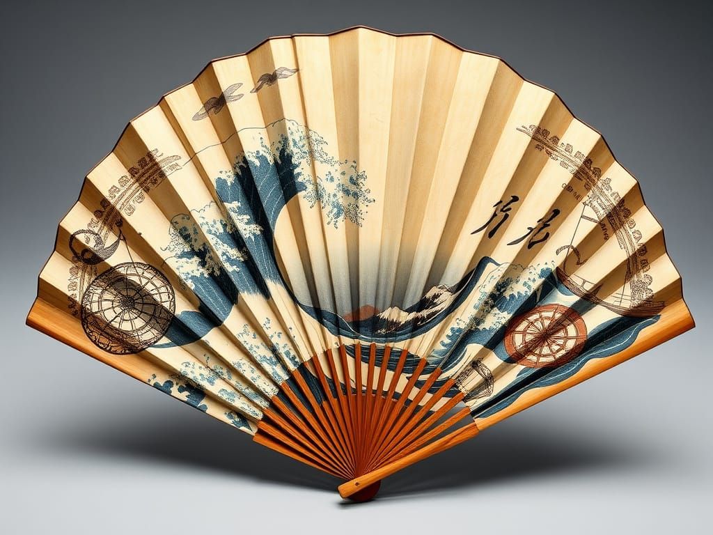 Handmade Folding Fan in Kanagawa Style with Pirate Motifs