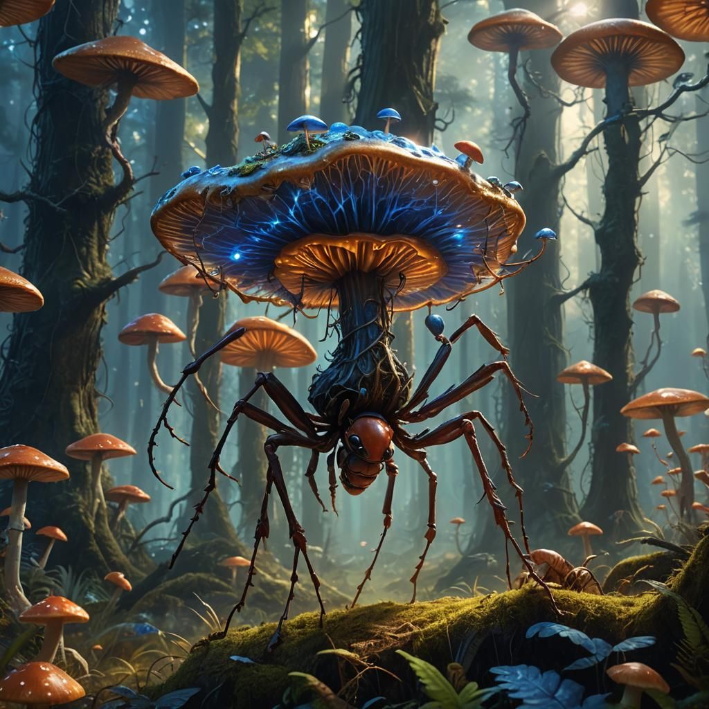 Giant Iridescent Ant in Glowing Mushroom Forest