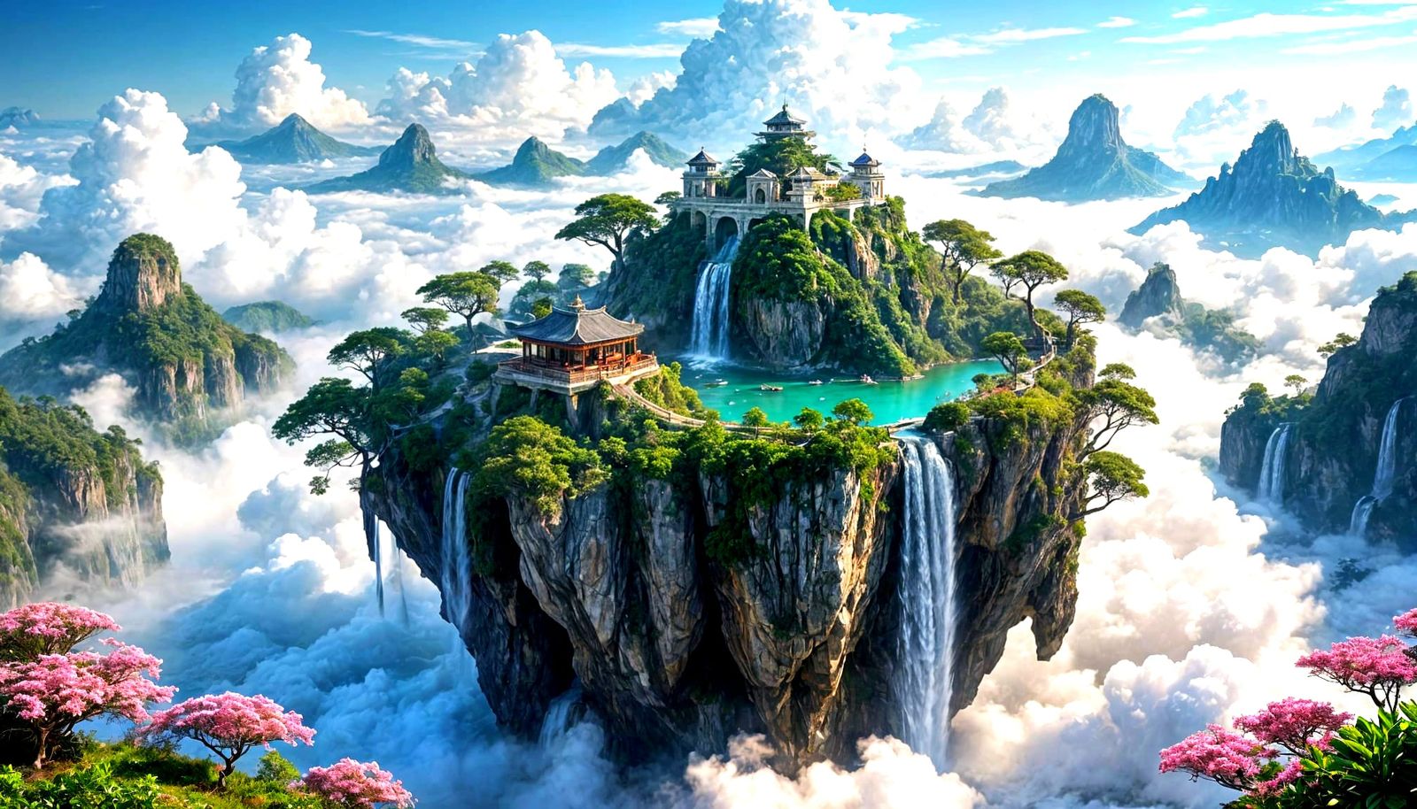 Paradise of Floating Islands Above Clouds