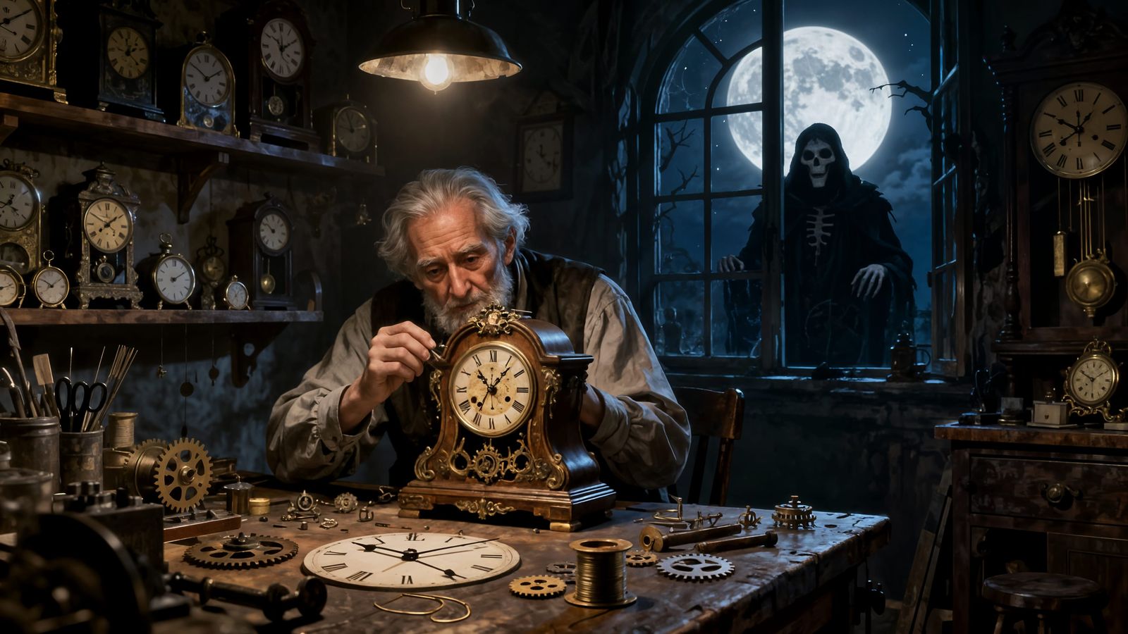 Master Clockmaker Repairs Grandfather Clock in Gothic Worksh...