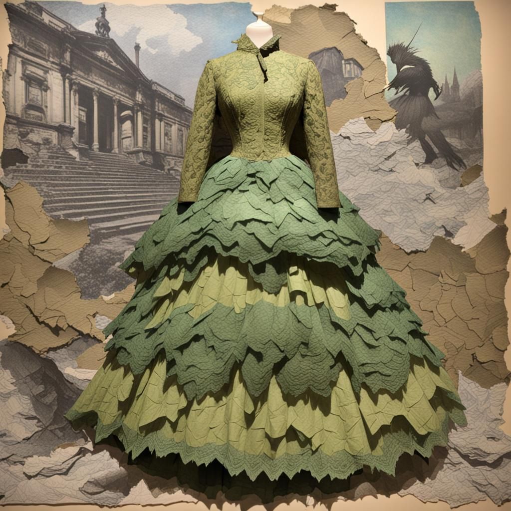 Hyper Realistic Paper Collage Ballgown, Long Sleeved Lace Bodice, Edwardian Layered Skirt, Gritty Torn Handmade Paper, A...