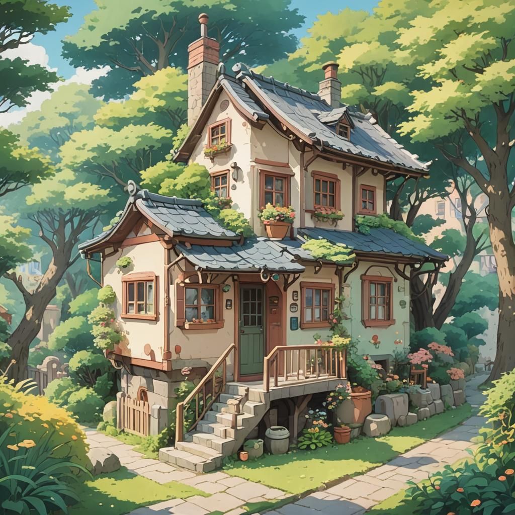 Charming Small House in Studio Ghibli Cartoon Style