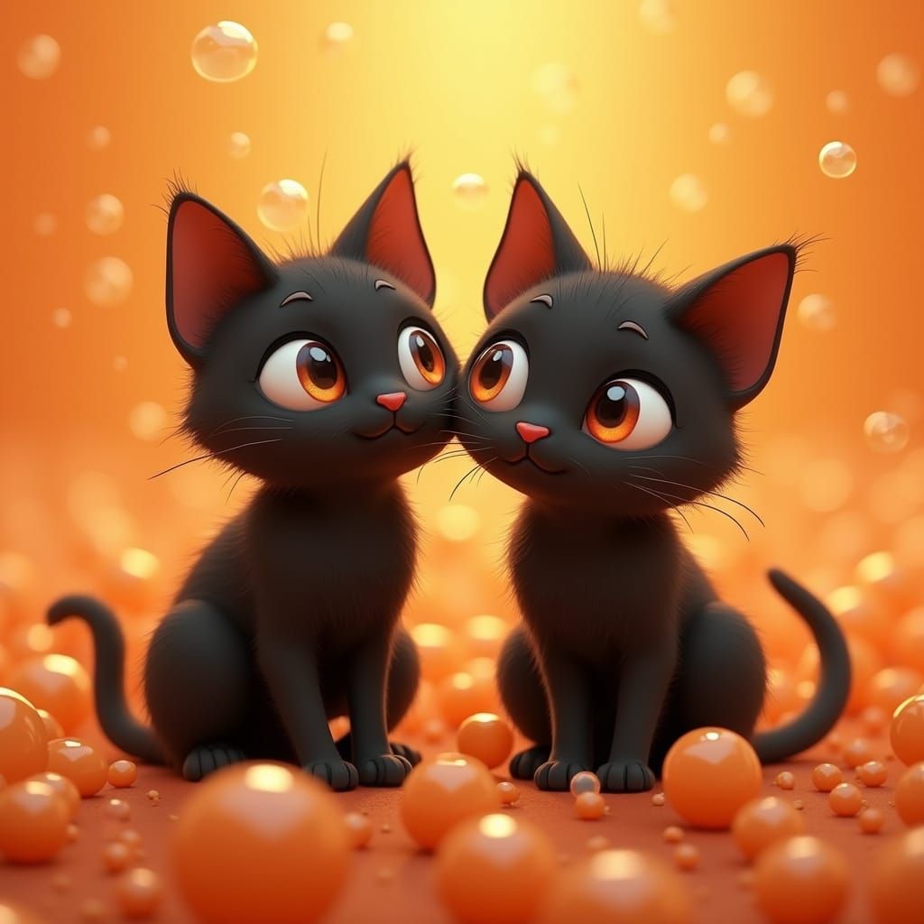 a scene filled with orange bubbles with two cats. the cats s...