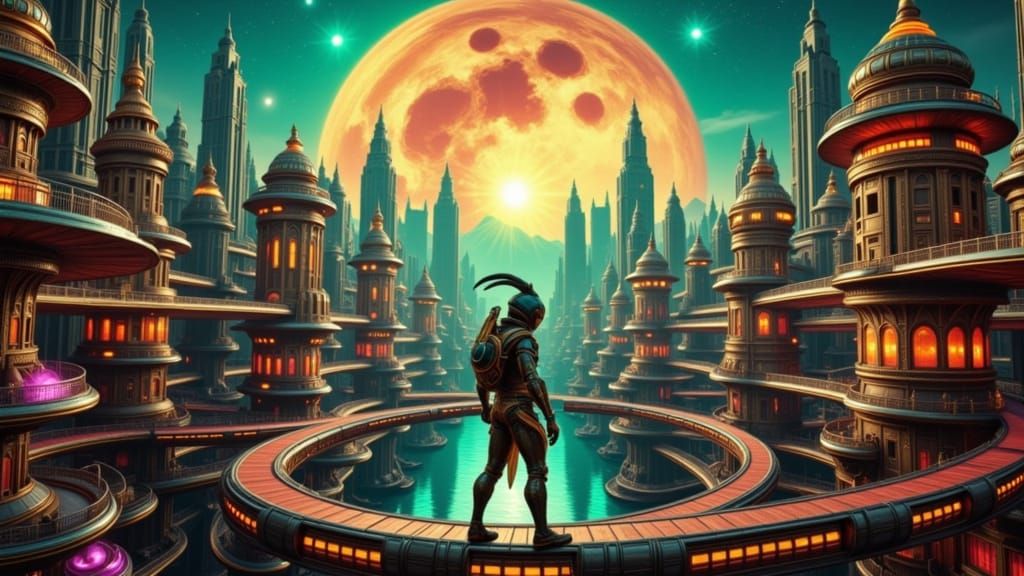 Cosmicpunk Metropolis with Scorpion-Headed Humanoid