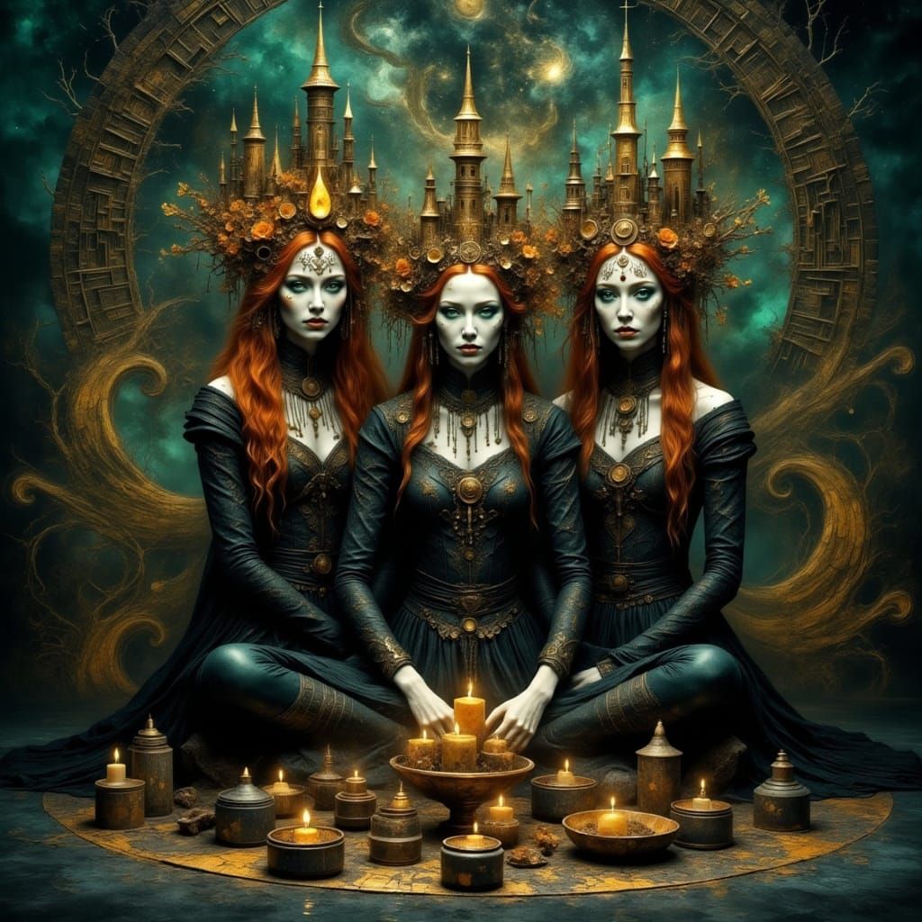 Fae Witches Conjuring Magic in Hyperdetailed Portrait