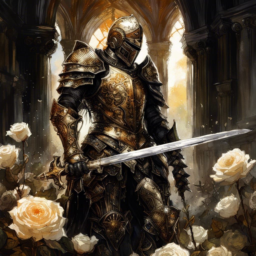 Gothic Knight in Rose Field, Impasto Gouache