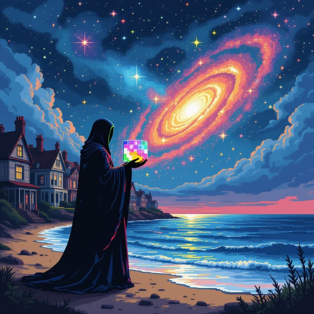 Deity with Pixel Cosmos in 8-bit Glitch Art Style