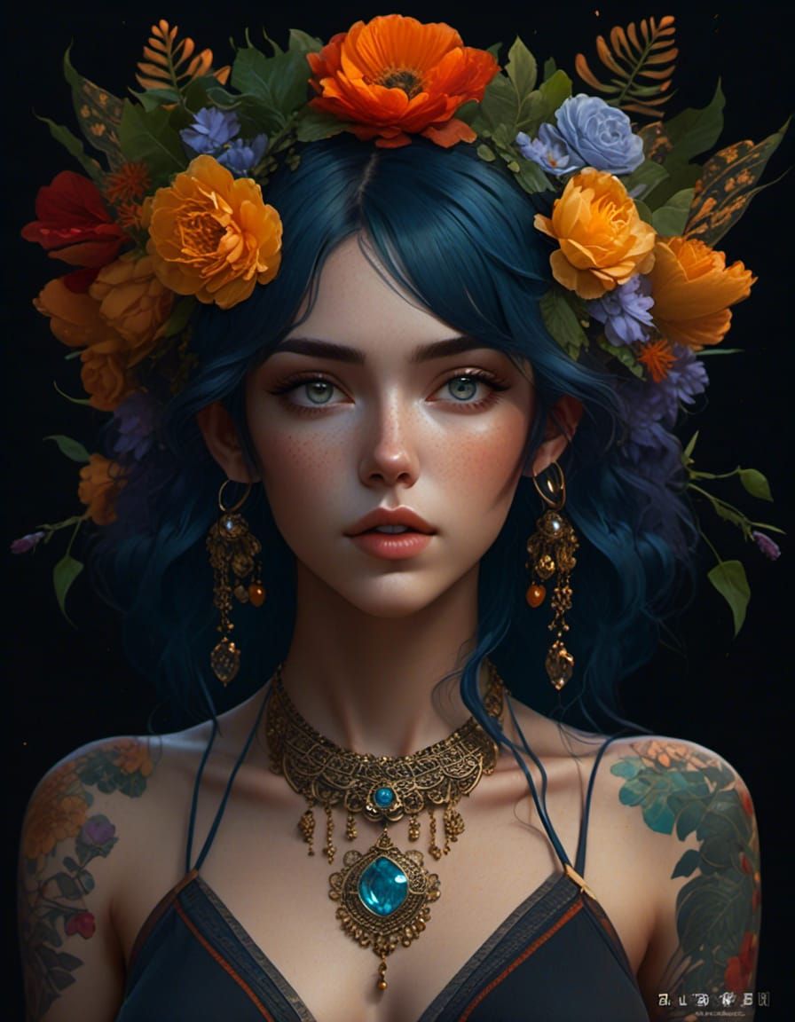 Tattooed Boho Goddess Portrait in 3D Anime Style