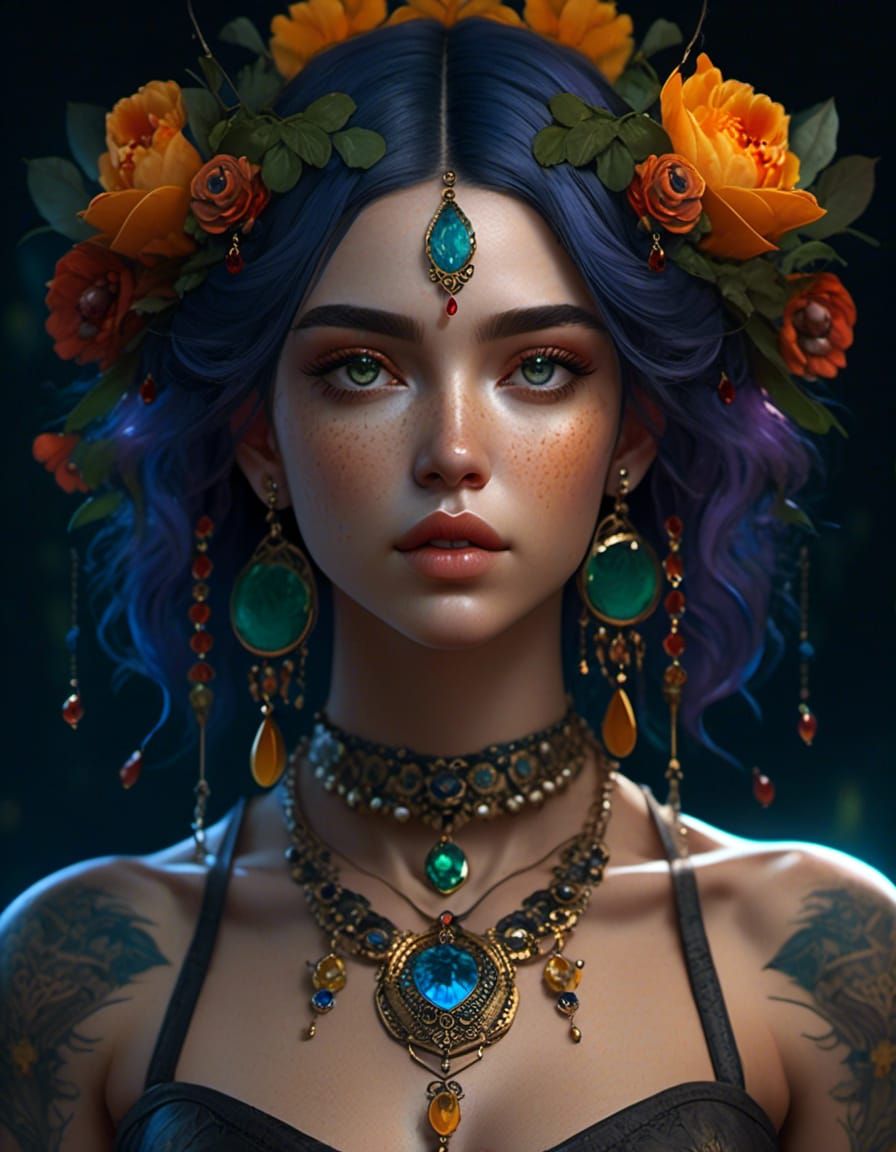 Tattooed Boho Goddess Portrait in 3D Anime Realism