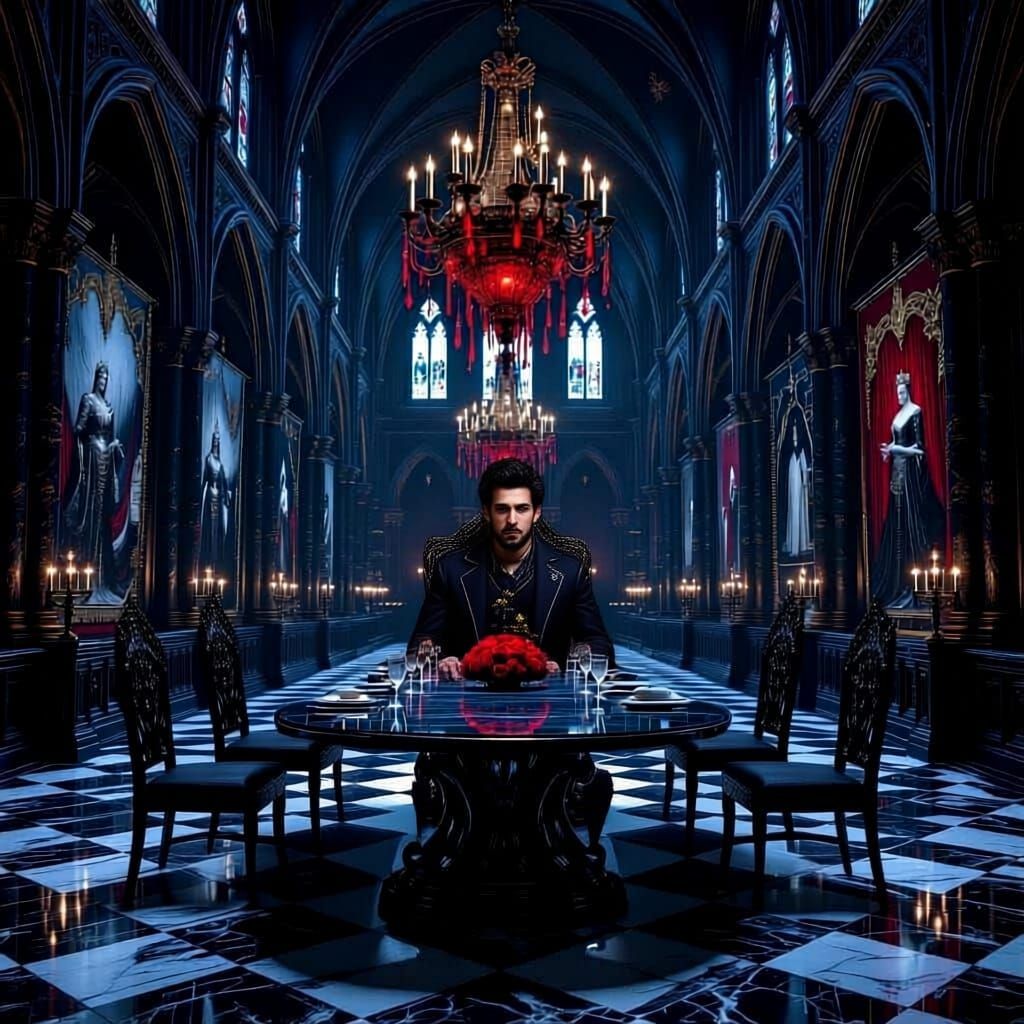Opulent Gothic Horror Dining Hall in Midnight Marble