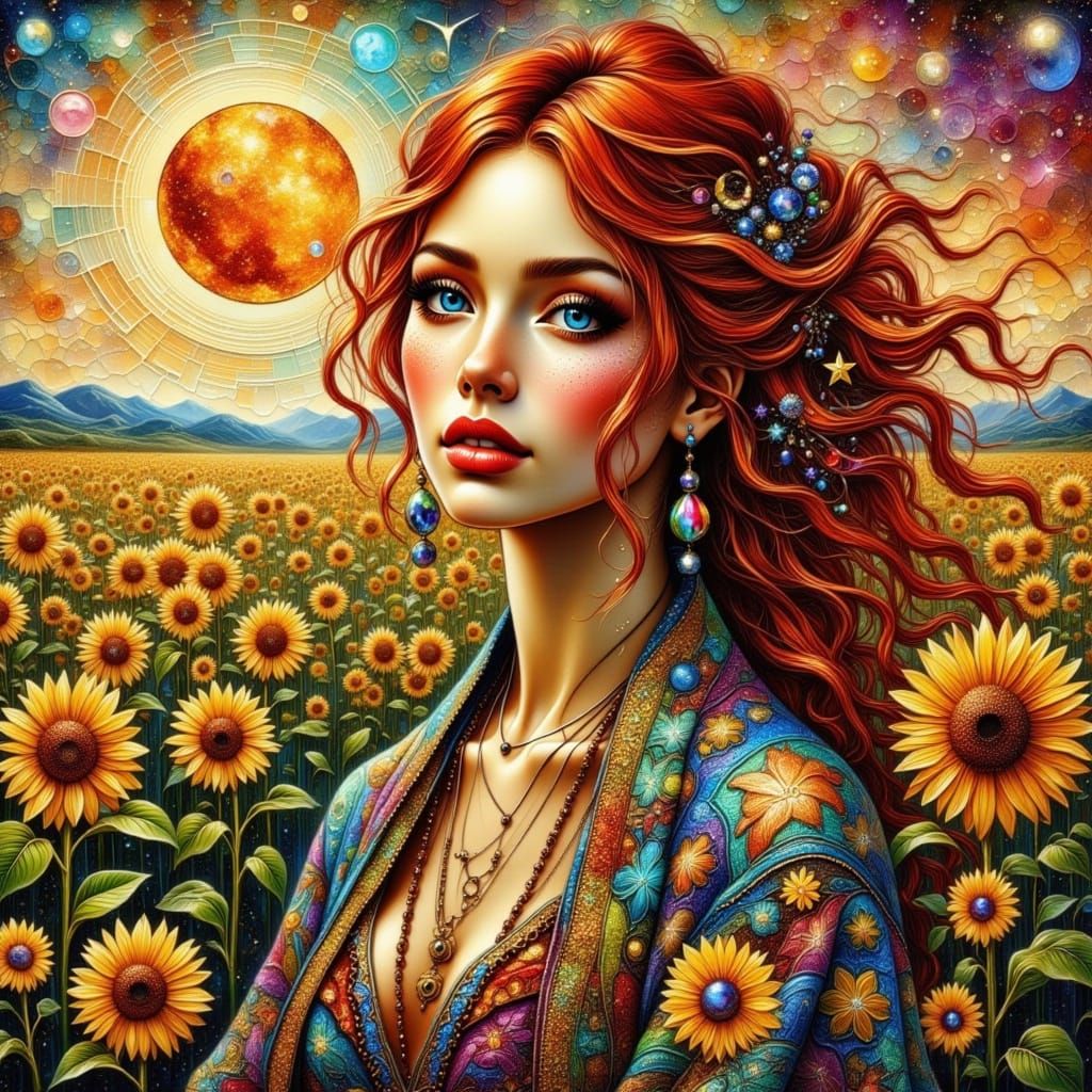 Red-Haired Beauty in Sunflower Field, Surreal Collage