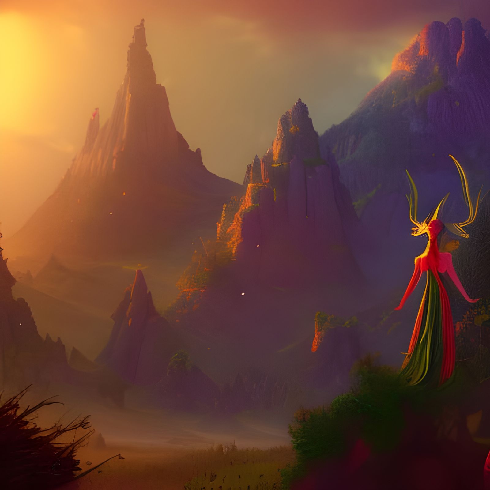 Sunset Elves in Fantastical Landscape