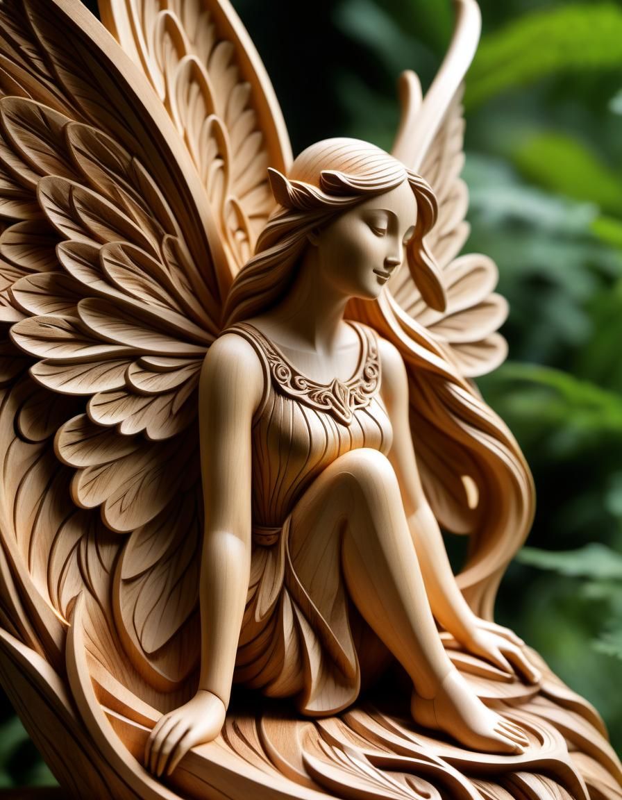 Intricate Wood Carving of a Fairy in Forest