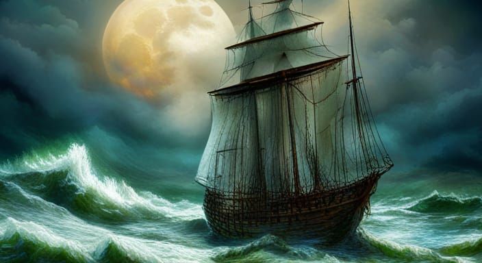 Majestic Sail Ship Under Blood Moon, Detailed Marine Scene