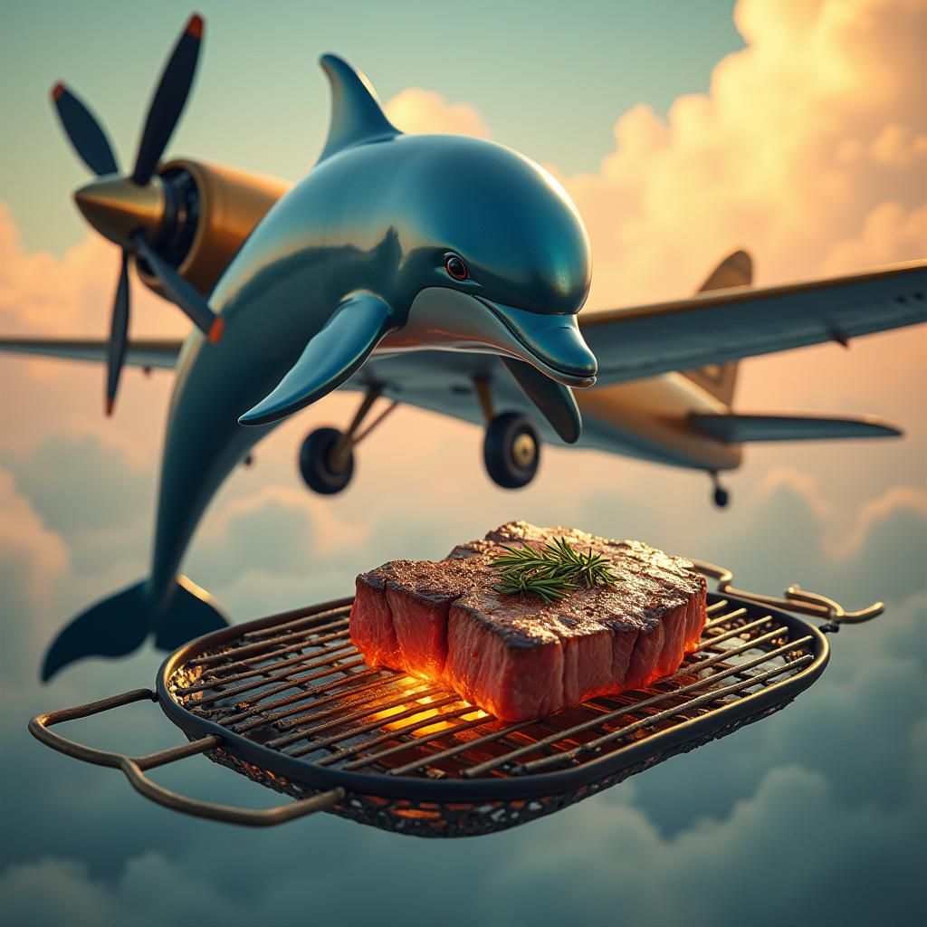 Dolphin Grilling Steak Beside Airplane in Sunset