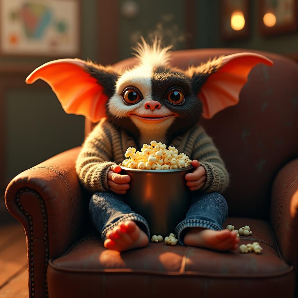 Charming Gizmo Enjoys Movie Night with Popcorn