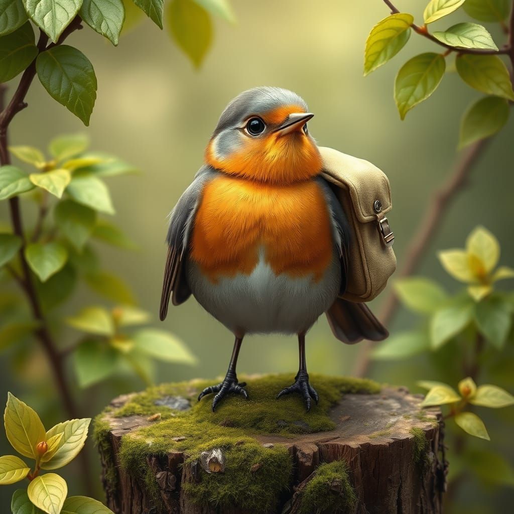 Robin with Backpack in Whimsical Woodland Scene