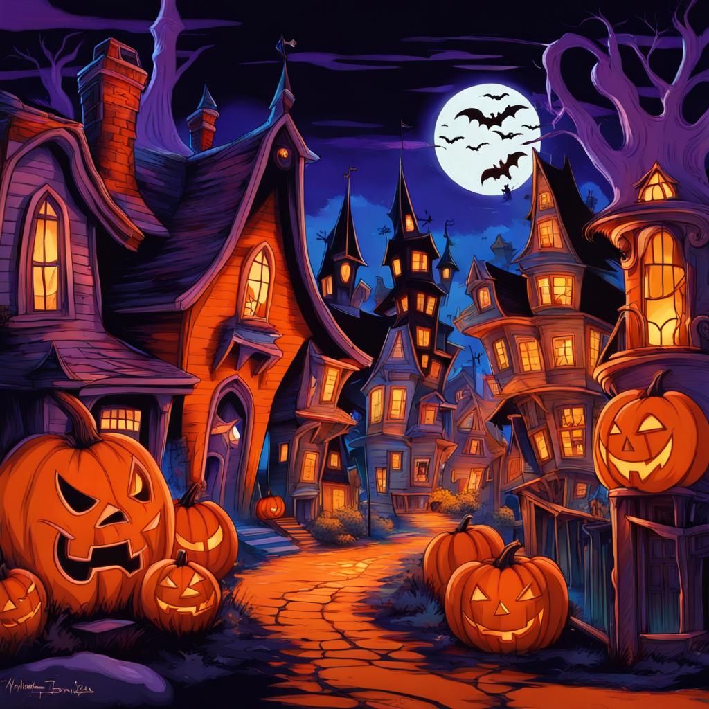 Vibrant Halloween Town in Disney Animation Style