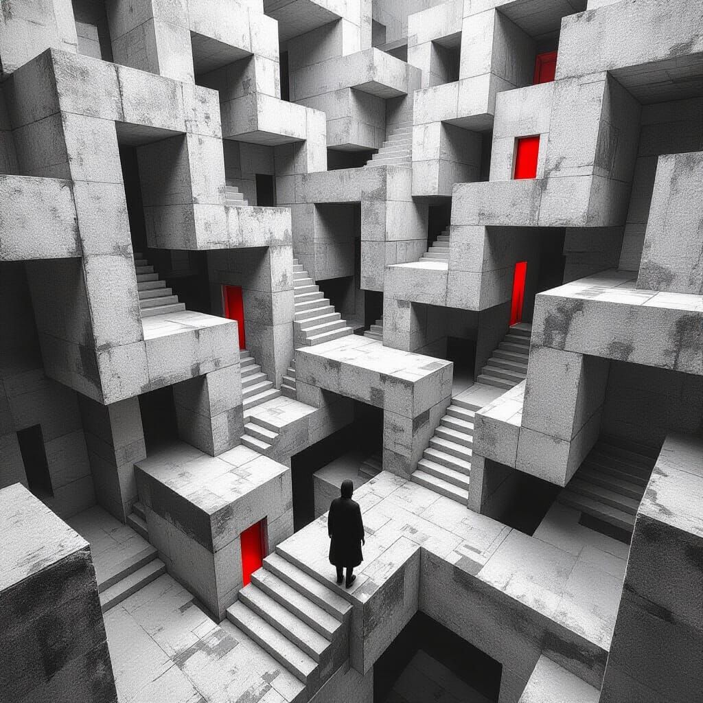 Escher-Inspired Labyrinth: Brutalist Stairwells in Black and...