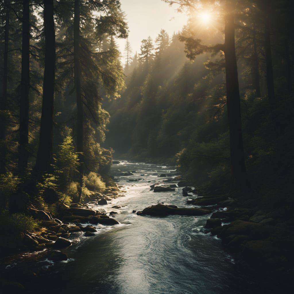 Cinematic River Flowing Through Moody Forest